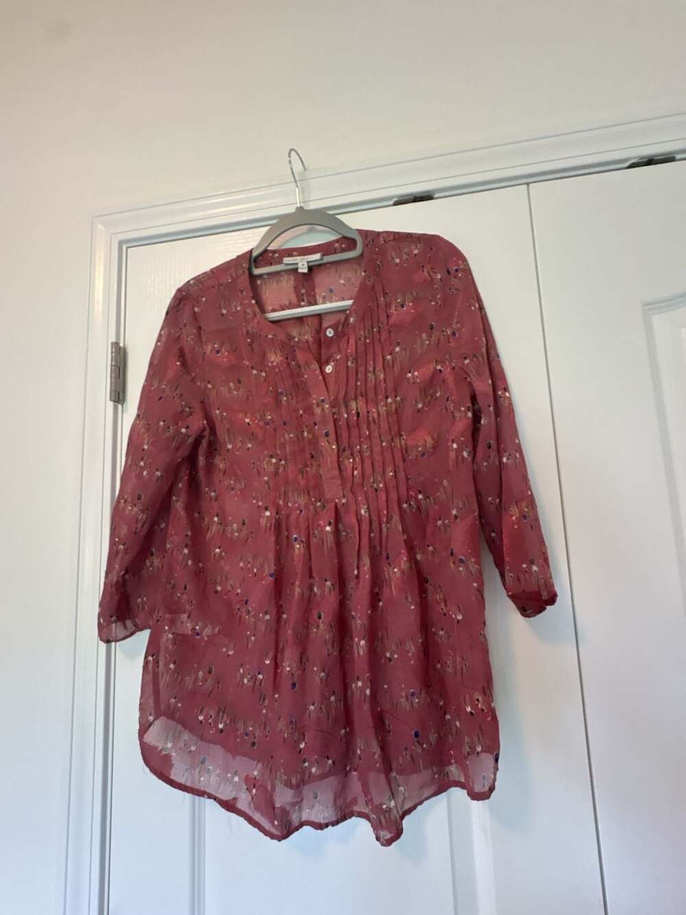 Pale Sky Mauve Sheer Pintucked Blouse with Embroidered Feather Details